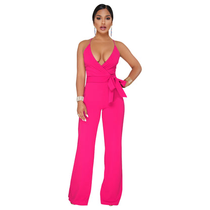 Sommer Beliebter klassischer einfarbiger Jumpsuit mit V-Ausschnitt und Brace