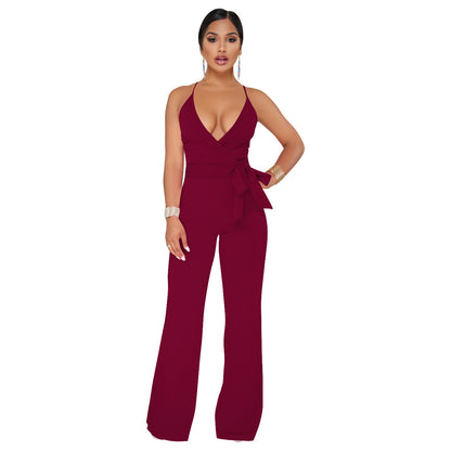 Sommer Beliebter klassischer einfarbiger Jumpsuit mit V-Ausschnitt und Brace