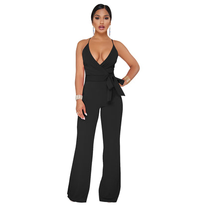 Sommer Beliebter klassischer einfarbiger Jumpsuit mit V-Ausschnitt und Brace