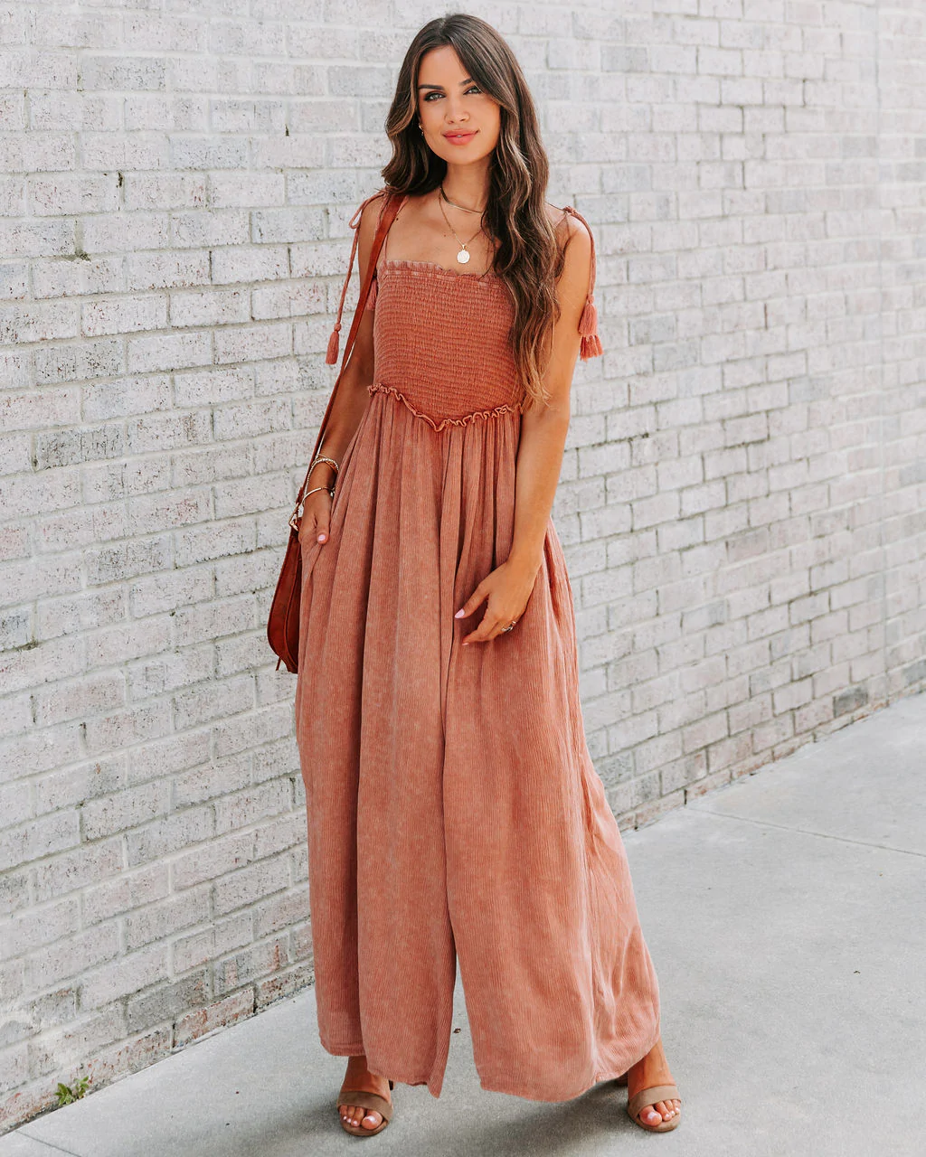 Ladies Summer Sling Smocking Loose Thin Sunken Stripe Wash Wide Leg Side Pocket Jumpsuit