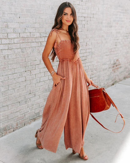 Ladies Summer Sling Smocking Loose Thin Sunken Stripe Wash Wide Leg Side Pocket Jumpsuit