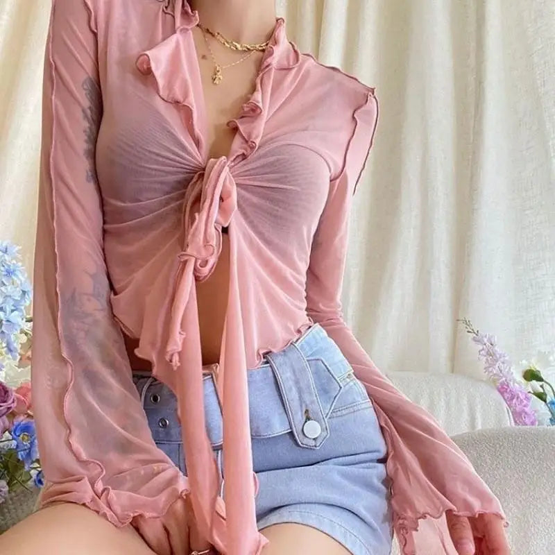 Blusen mit langen ausgestellten Ärmeln im koreanischen Modestil für Frauen mit Schnürung aus Netzgewebe, sexy, süß, heiß, Mädchen, Allgleiches, solides Design, elegant, lässig