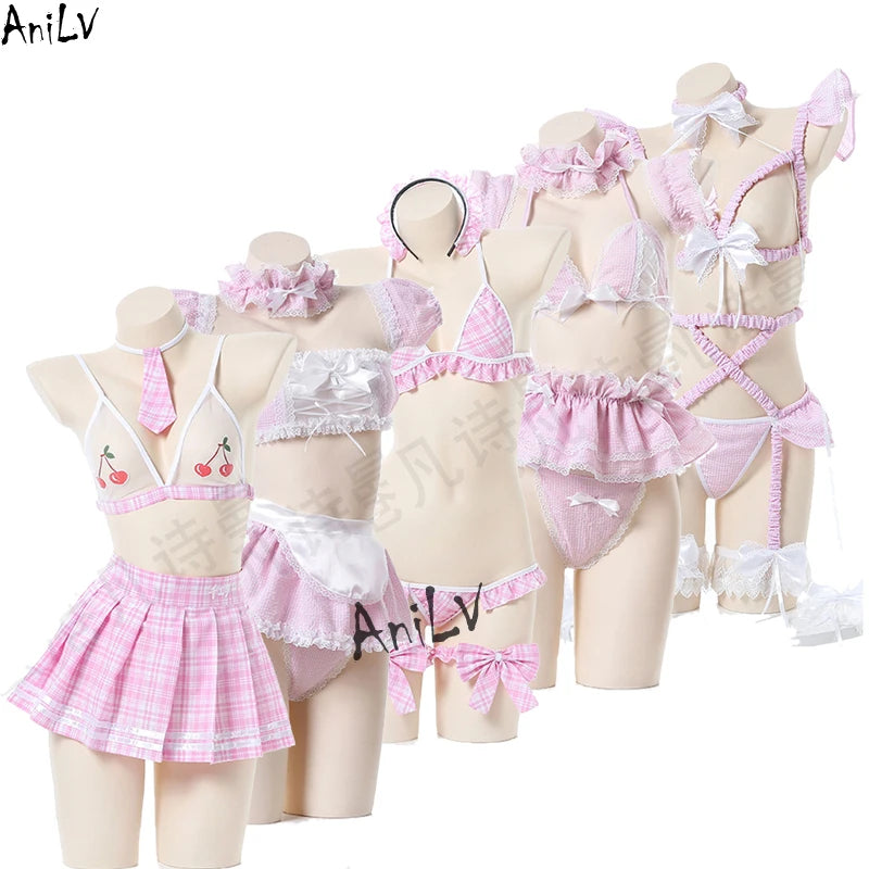 AniLV Lolita Mädchen Rosa Plaid Dienstmädchen Uniform Serie Bikini Badeanzug Sukumizu Kostüm Frauen Kawaii Dienstmädchen Pyjamas Dessous Cosplay