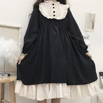 Japanese Style Autumn Women'S Dresses High Waist Slimming Contrast-Color Ruffled Sweet Lolita Dress Princess Kawaii Clothing