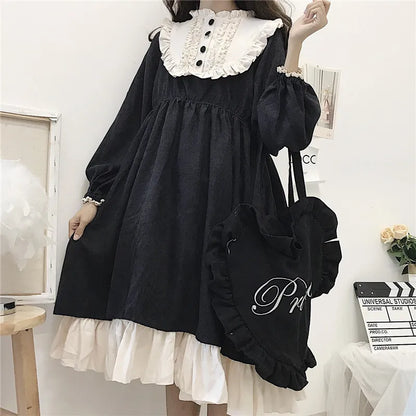 Japanese Style Autumn Women'S Dresses High Waist Slimming Contrast-Color Ruffled Sweet Lolita Dress Princess Kawaii Clothing