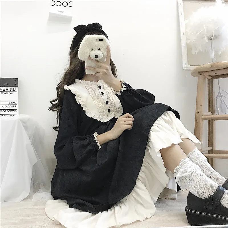 Japanese Style Autumn Women'S Dresses High Waist Slimming Contrast-Color Ruffled Sweet Lolita Dress Princess Kawaii Clothing