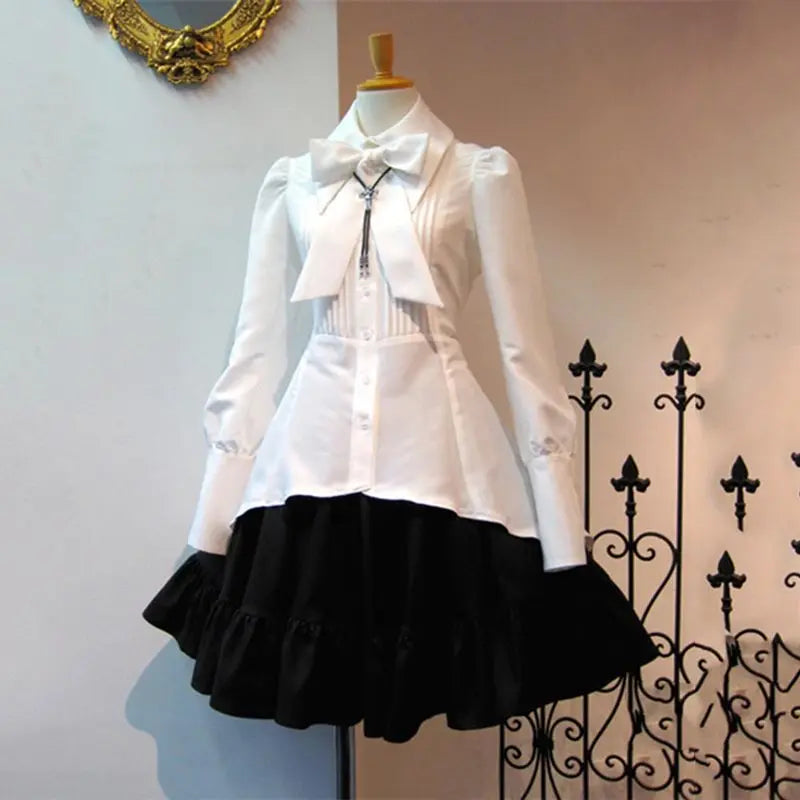 2022 Summer Elegant Party Black Gothic Women Lolita Dresses Big Size Bow Collar Pleated Lace Up Goth Vintage White Chic Jurken