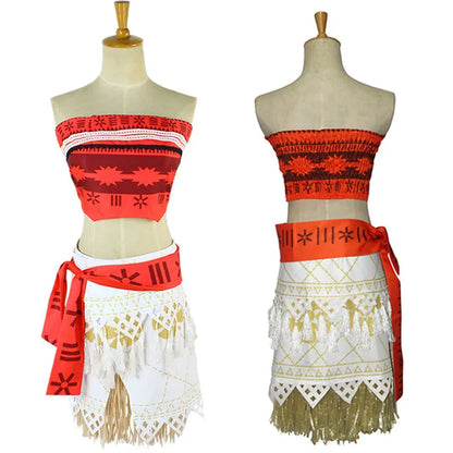 Prinzessin Vaiana Moana Kostüm für Erwachsene und Kinder, Kleider mit Halskette und Perücke, für Damen und Mädchen, Halloween-Party, Moana-Kleid, Cosplay, komplettes Set