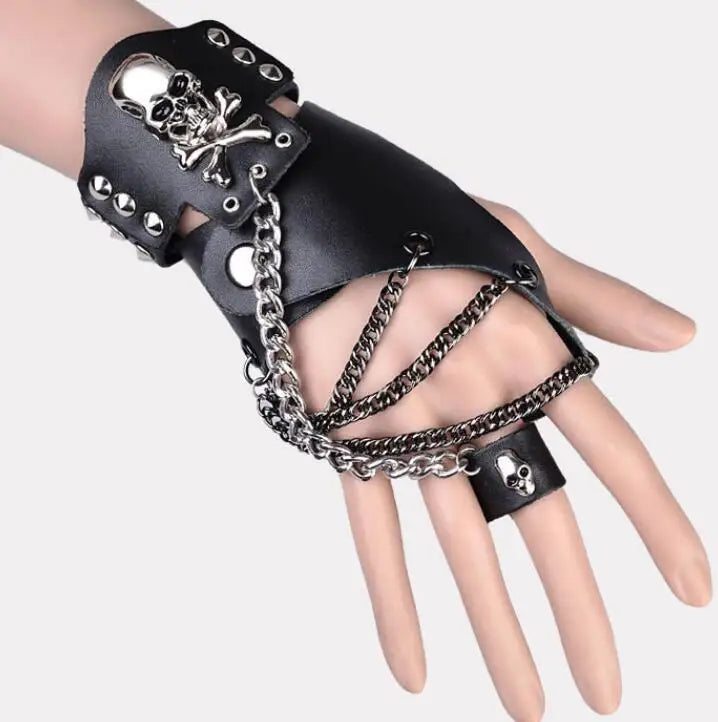 Gants demi-doigts tendance pour hommes et femmes, style hip-hop, non conventionnel, avec anneau en chaîne, en cuir véritable, rivets punk, anneaux R1593