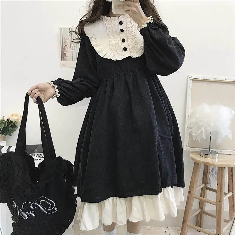 Japanese Style Autumn Women'S Dresses High Waist Slimming Contrast-Color Ruffled Sweet Lolita Dress Princess Kawaii Clothing