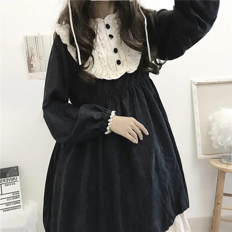 Japanese Style Autumn Women'S Dresses High Waist Slimming Contrast-Color Ruffled Sweet Lolita Dress Princess Kawaii Clothing