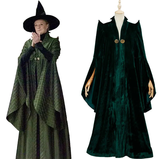 Professor Minerva McGonagall Cosplay Fantasia Costume Disguise Adult Women Dress Magic Cape Cloak Hat Halloween Carnival Suit