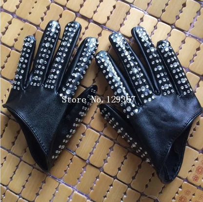 Gants demi-paume à la mode pour femmes, gants en cuir PU rouge blanc noir pour dames, gants de danse hip-hop strass pour hommes