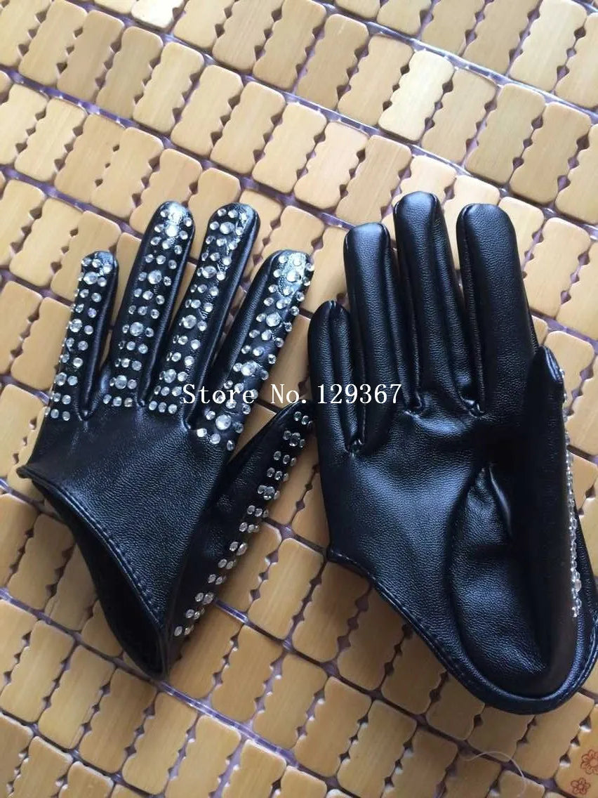 Gants demi-paume à la mode pour femmes, gants en cuir PU rouge blanc noir pour dames, gants de danse hip-hop strass pour hommes