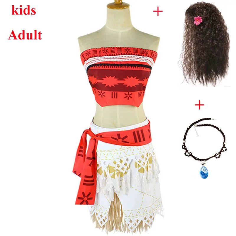 Prinzessin Vaiana Moana Kostüm für Erwachsene und Kinder, Kleider mit Halskette und Perücke, für Damen und Mädchen, Halloween-Party, Moana-Kleid, Cosplay, komplettes Set