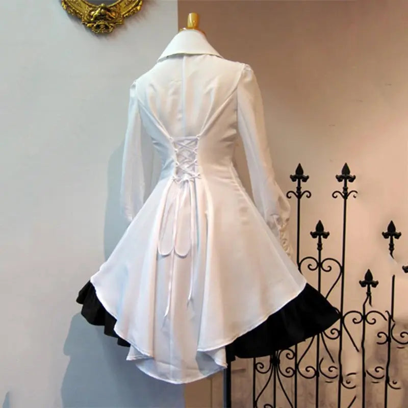 2022 Summer Elegant Party Black Gothic Women Lolita Dresses Big Size Bow Collar Pleated Lace Up Goth Vintage White Chic Jurken