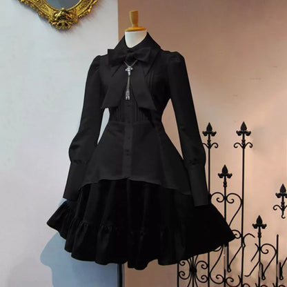 2022 Summer Elegant Party Black Gothic Women Lolita Dresses Big Size Bow Collar Pleated Lace Up Goth Vintage White Chic Jurken