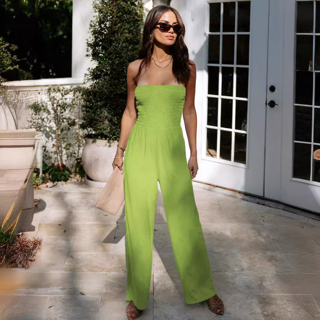 Summer Stretch Solid Color Sexy Tube Top Wide Leg Jumpsuit