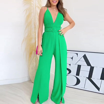 Women Clothing Summer V neck Brace High Waist Slit Hem Wide Leg Pants Women Jumpsuit