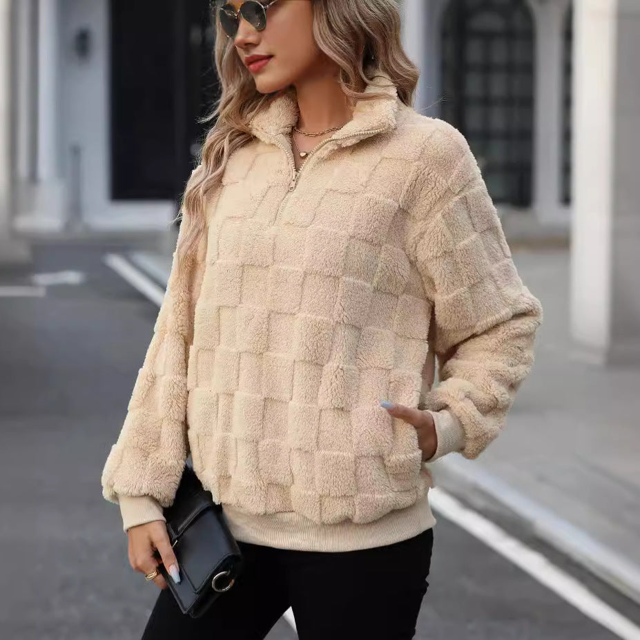 Pull ample en peluche à carreaux avec col montant et demi-zip pour femme, vêtement d'automne et d'hiver en velours Flash