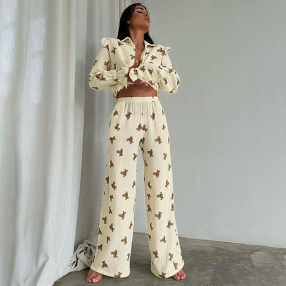 Pyjama deux pièces ample à manches longues et imprimé ours japonais d'automne, ensemble confortable en coton doux pour la peau, vêtements de maison pour femmes