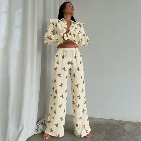 Pyjama deux pièces ample à manches longues et imprimé ours japonais d'automne, ensemble confortable en coton doux pour la peau, vêtements de maison pour femmes