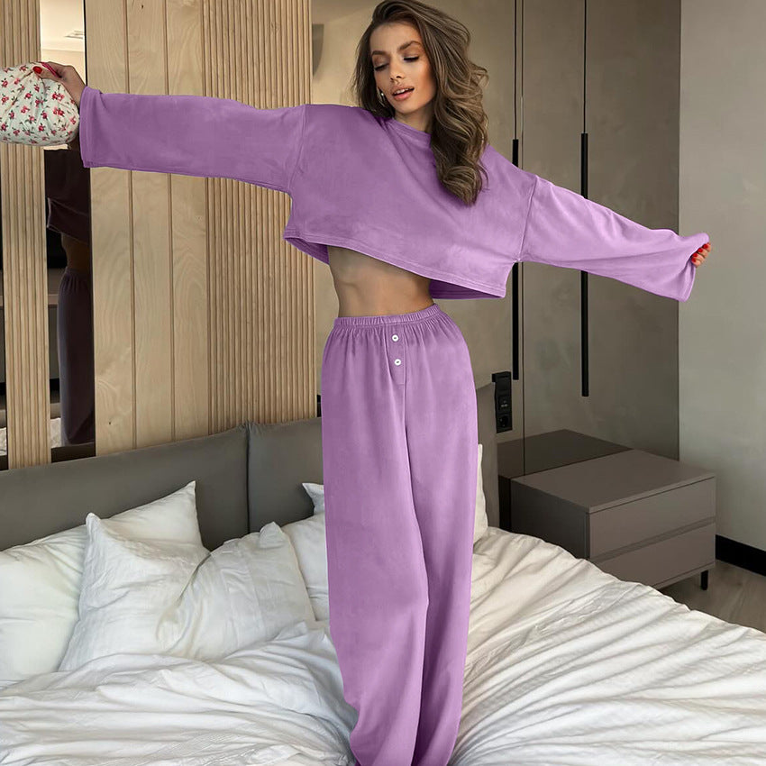 Pyjama en velours violet chaud à manches longues pour femme, pantalon doux en tricot, vêtements de maison