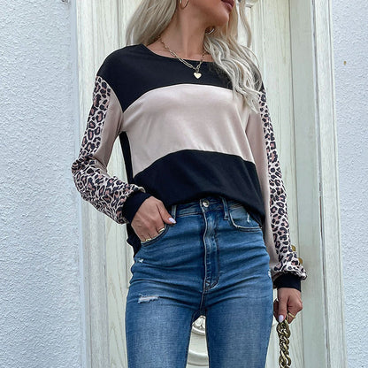 Herbst Lose Beiläufige Top Leopard Print Nähte Langarm T Frauen Sweatshirt