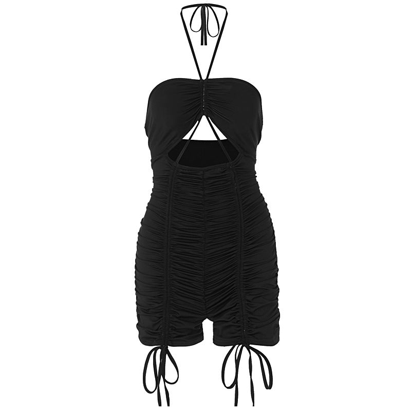 Summer Hollow Out Cutout out Tied Halter Drawstring Shorts Jumpsuit Women Clothing