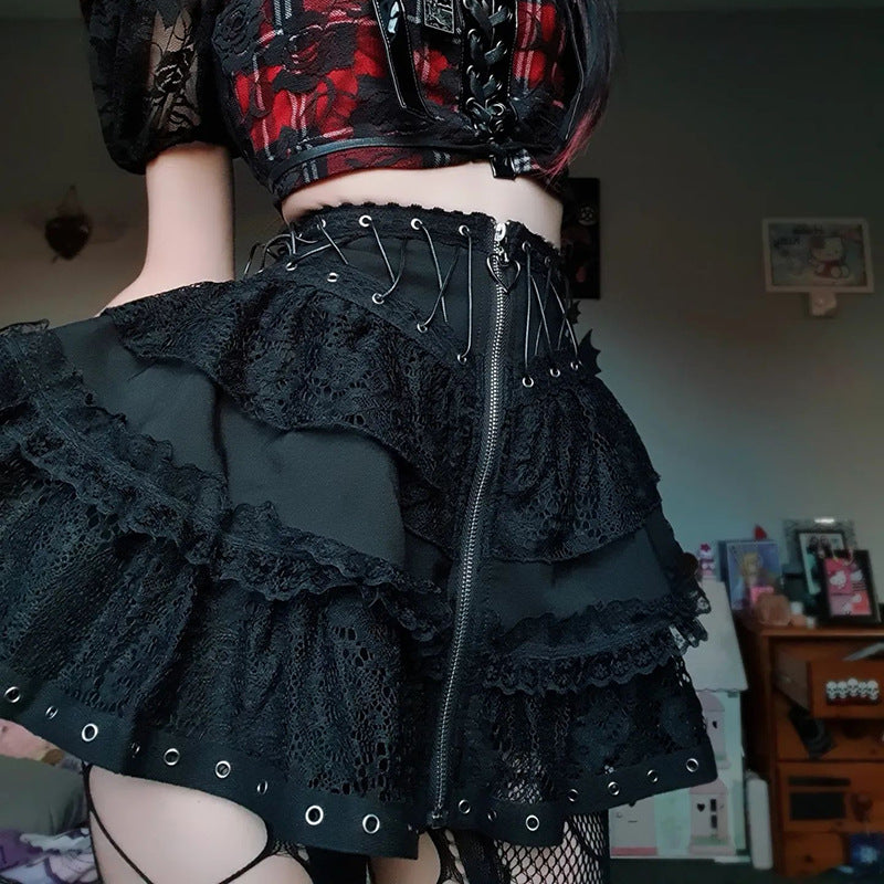 Personality Dark Goth Waist Trimming Lace up Lace Stitching Design Sweet Cool Girl A Line Skirt