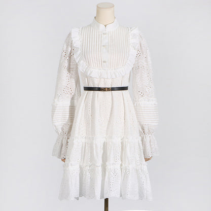 Robe d'été à col montant et manches lanternes brodées pour femme, tenue vintage artistique française, moulante, feuille de lotus