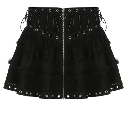 Personality Dark Goth Waist Trimming Lace up Lace Stitching Design Sweet Cool Girl A Line Skirt