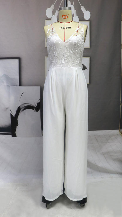 Jumpsuit aus Spitzenchiffon, V-Ausschnitt, mittlere Taille, weiße Hose, Hose mit weitem Bein