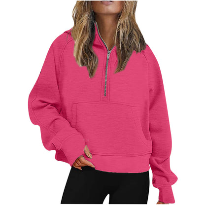 Pull de sport de plongée pour femme, automne et hiver, demi-fermeture éclair, vêtements de yoga, ample, court, capuche, doublure polaire