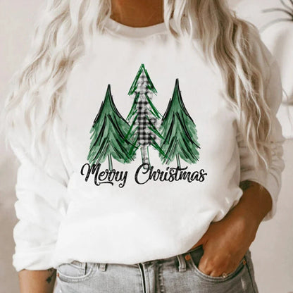 Pull à col ras du cou à imprimé graphique de Noël à manches longues et ample pour femme