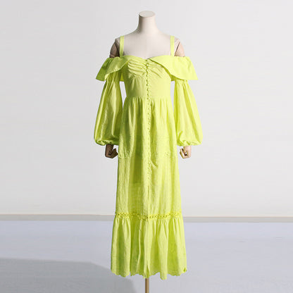 Robe d'été élégante à bretelles spaghetti et volants, manches lanternes, taille serrée, plusieurs boutons, pour femmes