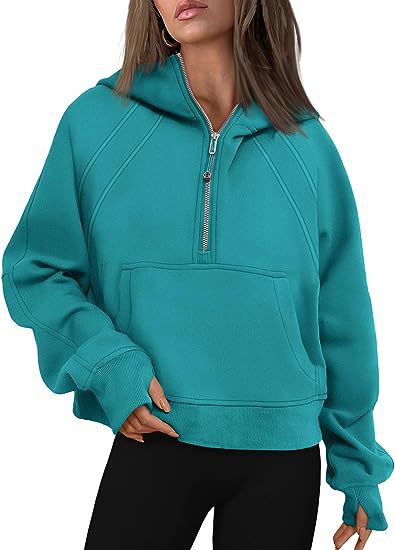 Sweat-shirt à capuche à demi-fermeture éclair pour femme, pull court et ample en velours