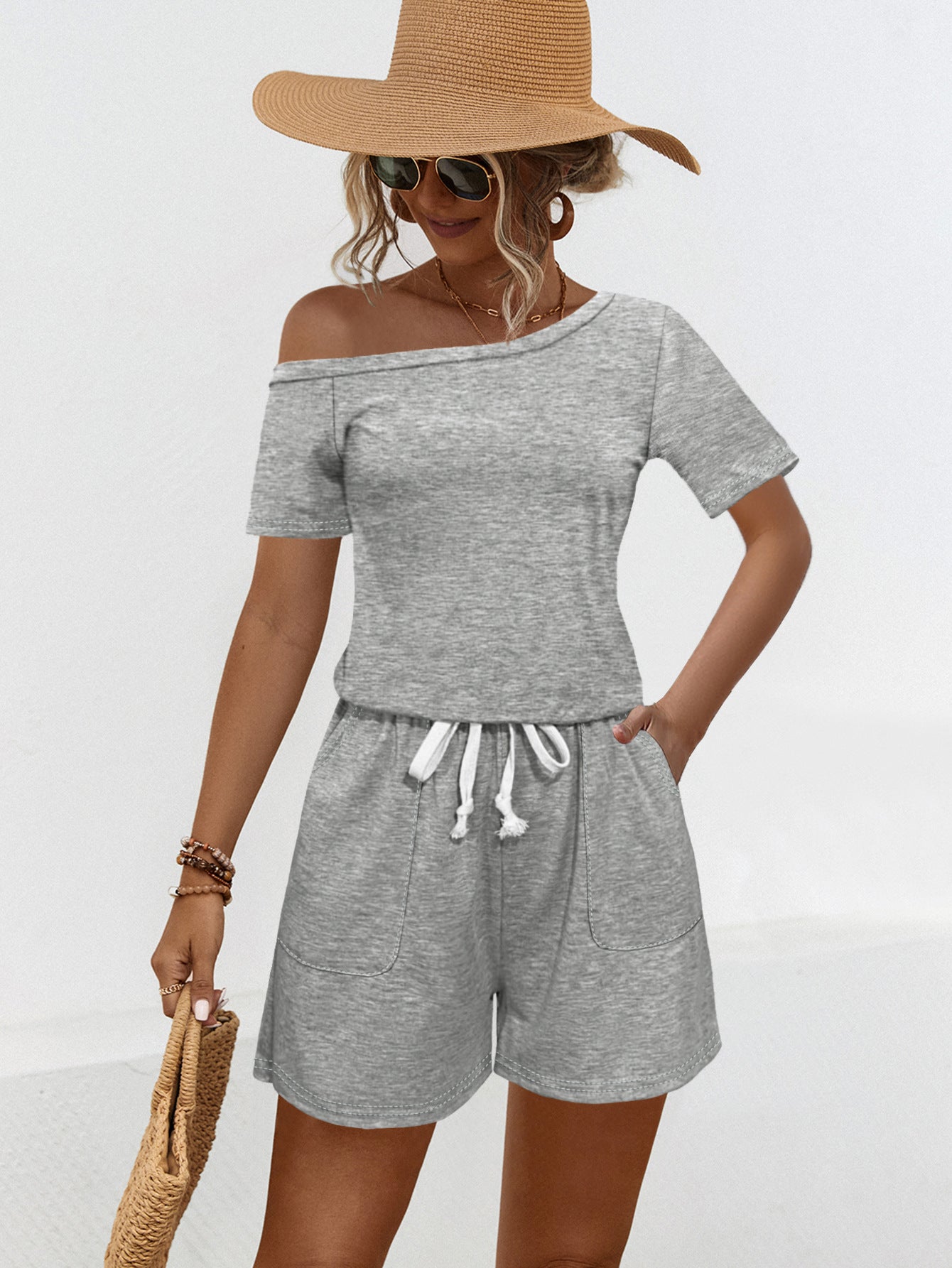 Off Shoulder Short Sleeve Pocket Lace Up Sloping Shoulder Off The Shoulder Jumpsuit Shorts