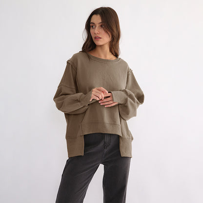 Niche Design Patchwork Sweater Spring Loose Terry Hem Irregular Asymmetric Top Women