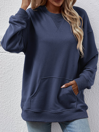 Sweat-shirt décontracté pour femme, automne-hiver, col rond, ample, avec poche