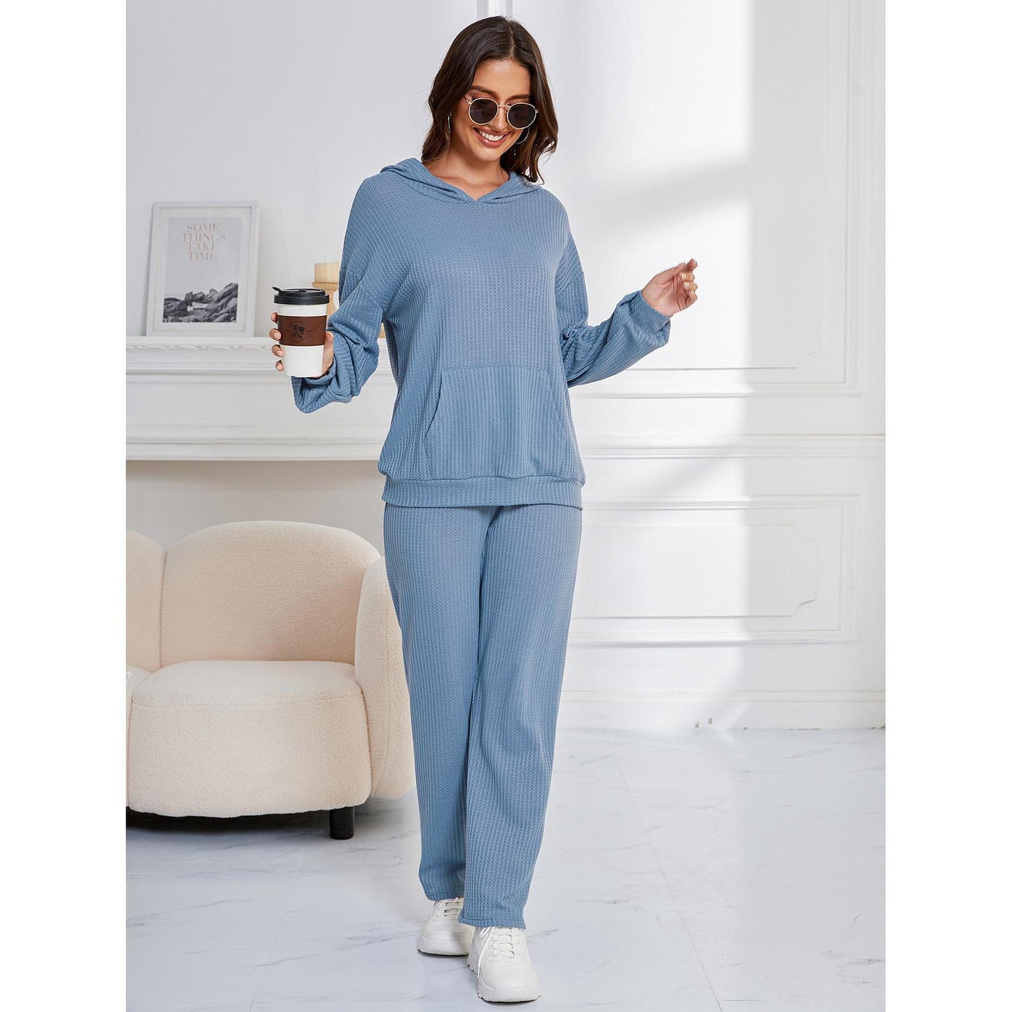 Ensemble pyjama décontracté à capuche pour femme, pantalon ample à manches longues et gaufré, deux pièces, vêtements de maison