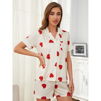 Ladies Homewear Spring Summer Heart Printing Comfortable Short Sleeve Shorts Two Piece Pajamas Women