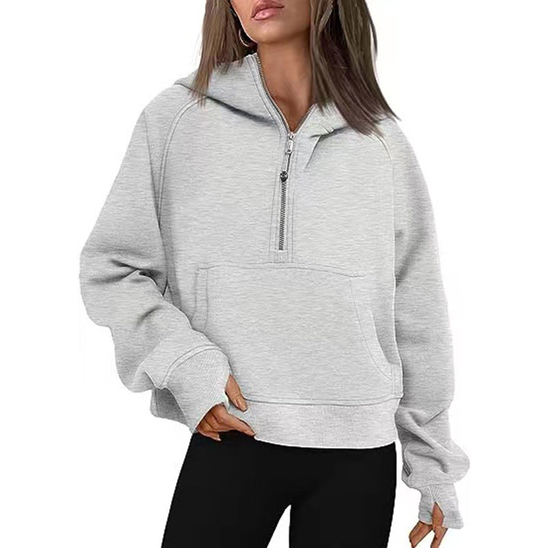 Pull de sport de plongée pour femme, automne et hiver, demi-fermeture éclair, vêtements de yoga, ample, court, capuche, doublure polaire