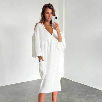 Pyjama d'automne en coton à double couche et col en V pour femme, ample, manches lanternes, doux pour la peau, pur coton, vêtements de confinement, vêtements d'intérieur