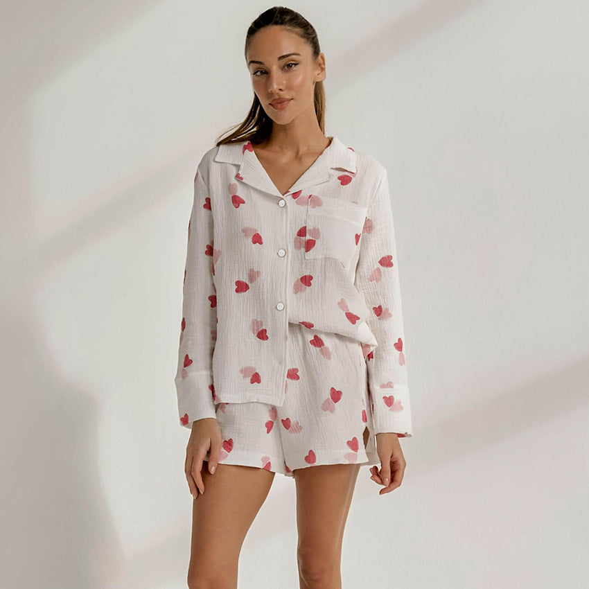 Pyjama en coton crêpe doux à imprimé cœur pour femme, ensemble short à manches longues, vêtements de détente d'été