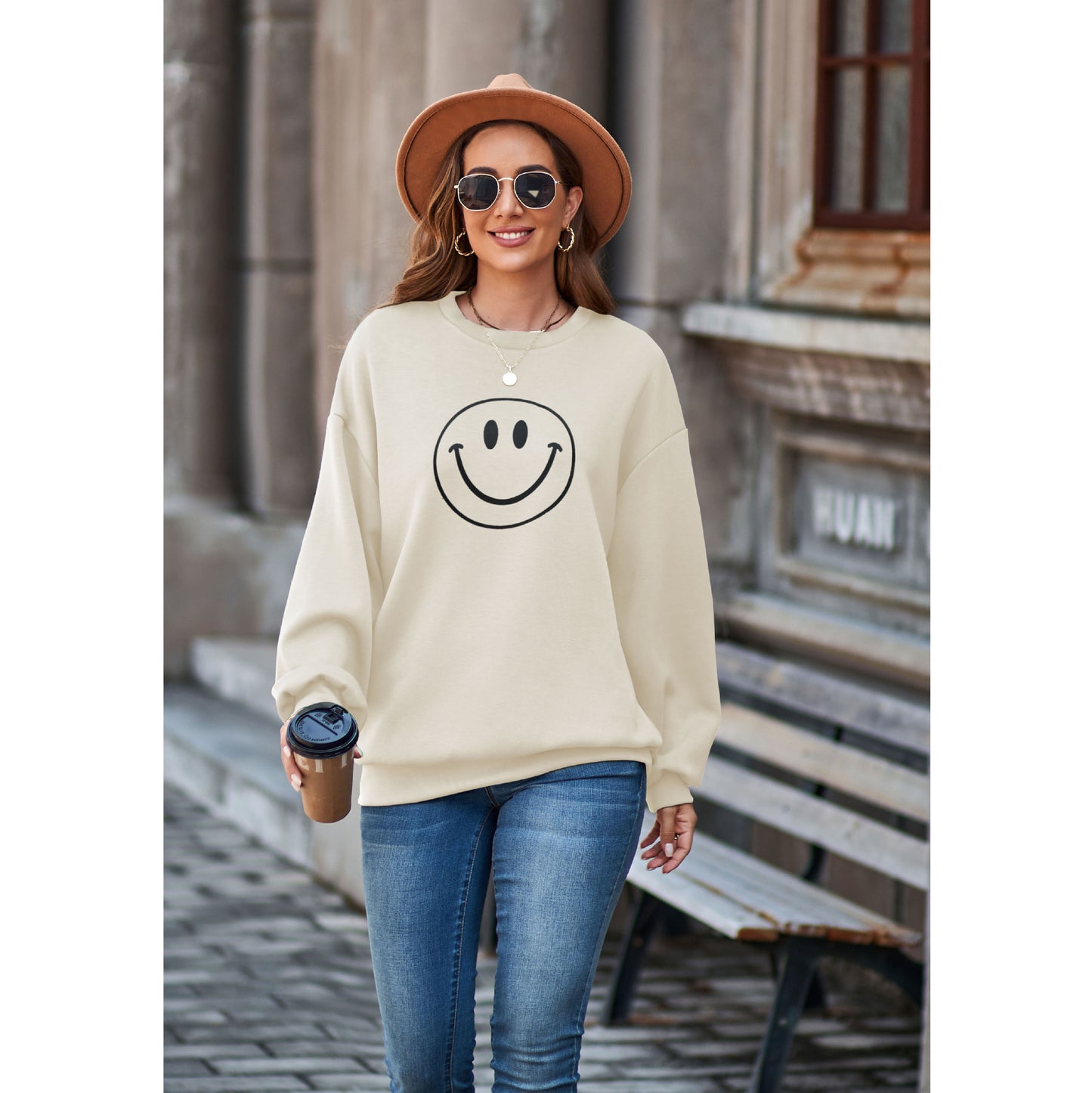 Sweat-shirt Smiley automne hiver col rond épaules tombantes pull ample