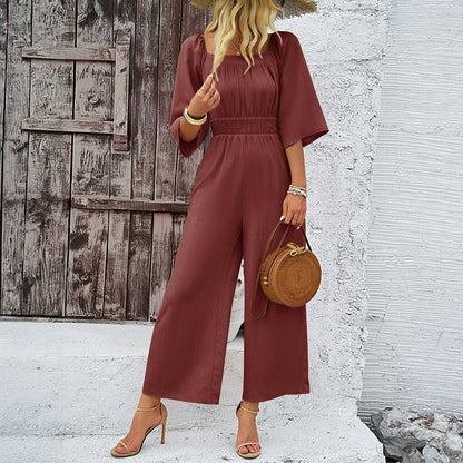 Women Jumpsuit Spring Summer Casual Solid Color Short Sleeve Wide Leg Pants