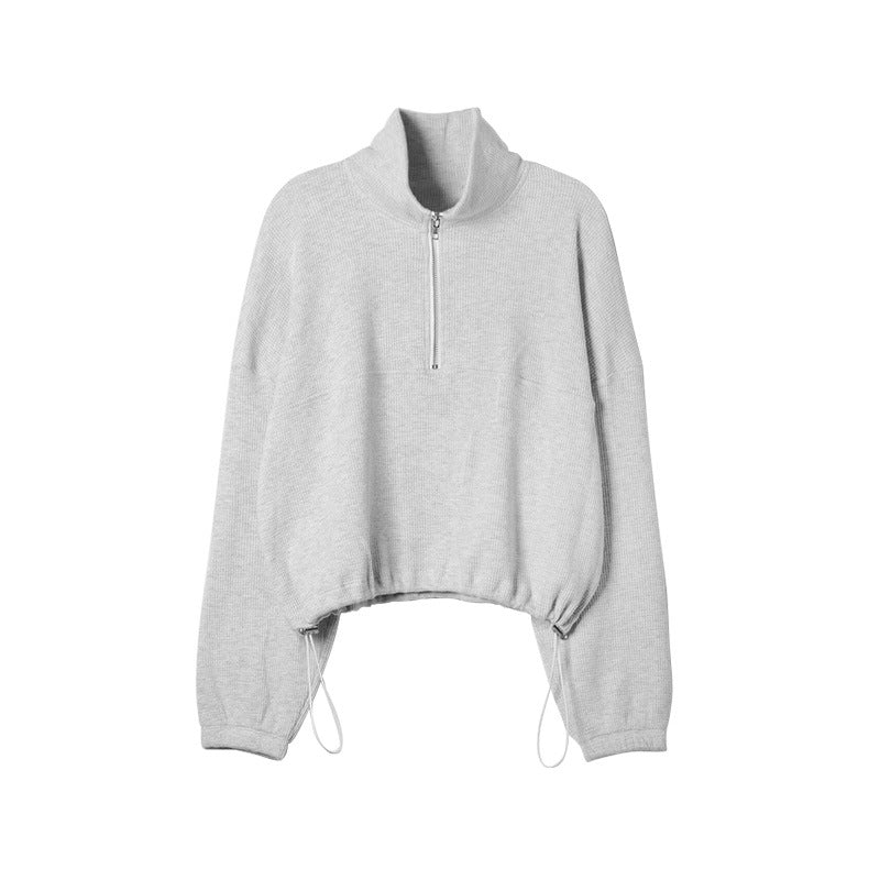 Pull gaufré d'automne pour femme, vêtement à manches longues, fermeture éclair, polo, cordon de serrage, taille, pull décontracté