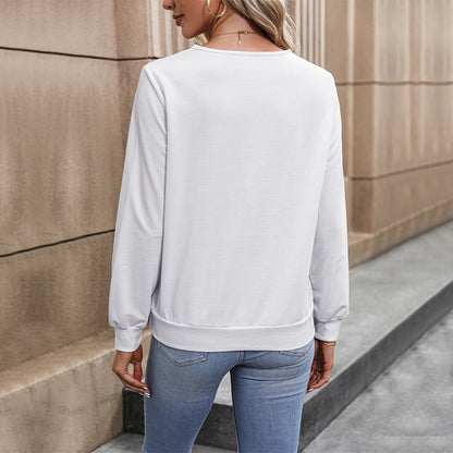 Pull blanc à manches longues et col en V pour femme, vêtement d'automne