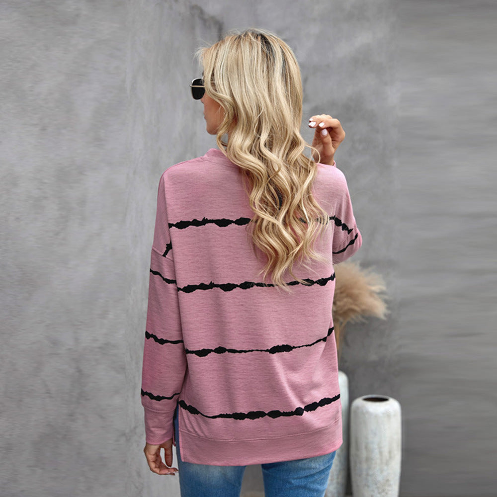 Plus Size Hooded Striped Printed Sweater Women Loose Long Sleeve round Neck Top